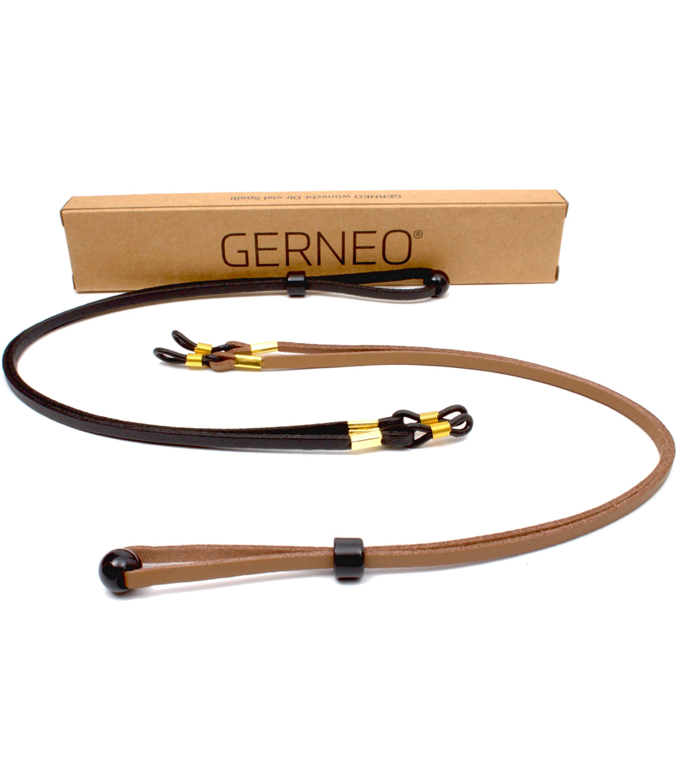 GERNEO Bilbao - cadena de gafas de cuero artificial - cordón para gafas de sol y de lectura - aspecto de ante negro y marrón claro - soportes dorados