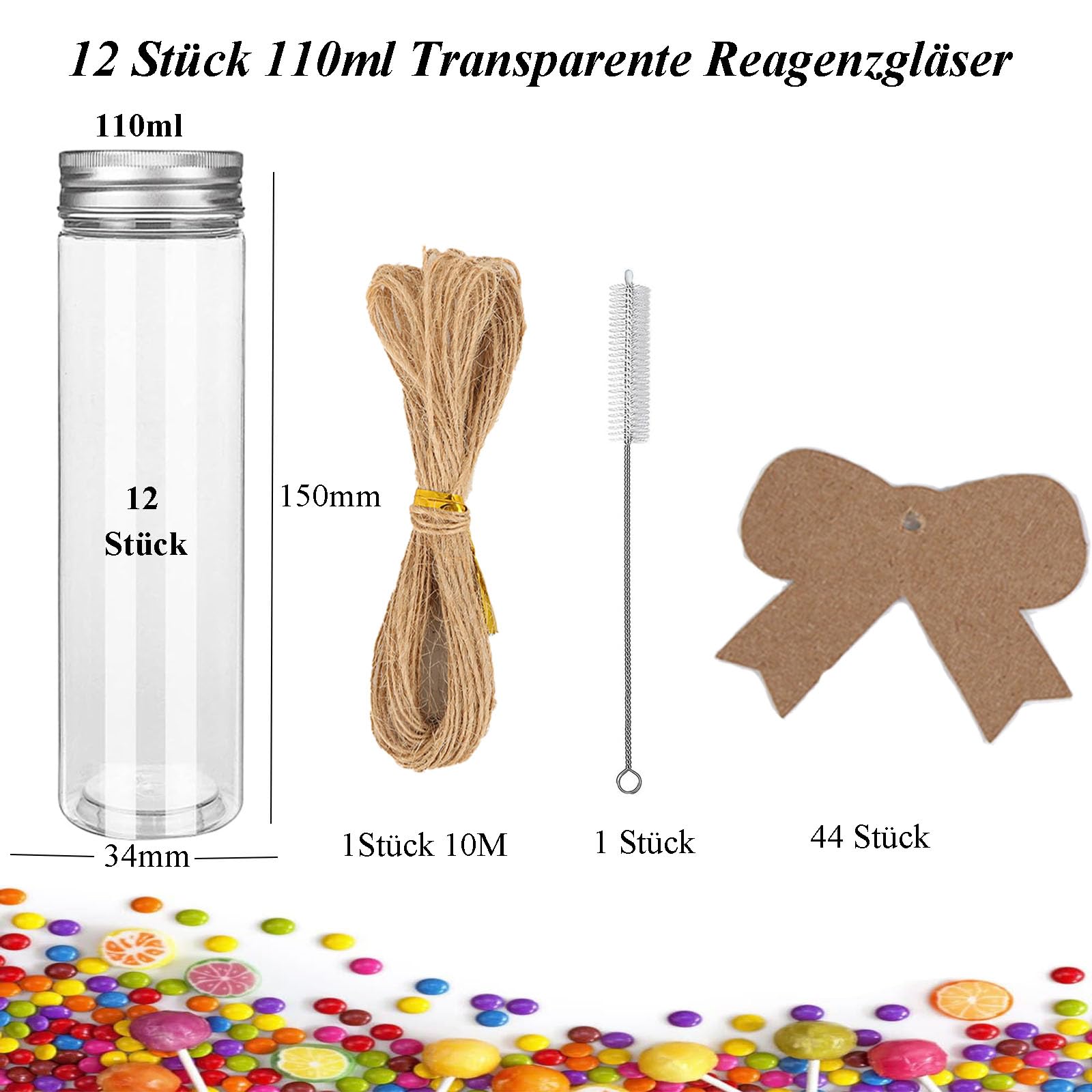 12 Piezas Tubos de Ensayo plastico, Probetas Plastico con Tapon 110ml, Probetas Plastico Transparente para Dulces Semillas, Especias, Líquidos, Artesanías, Plantas