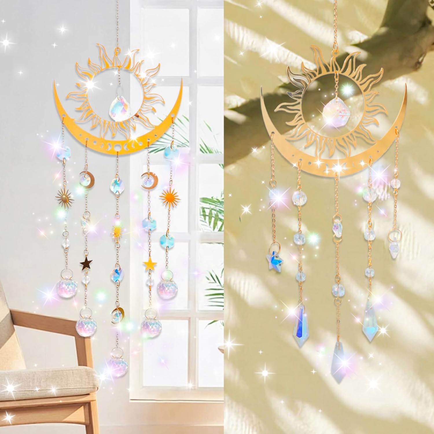 Artilady Suncatcher Crystal Wind Chimes - Large Sun and Moon Sun Catcher for Windows Hanging Prism Crystals Boho Home Garden Backyard Room Ceiling Decor Christmas Birthday Gift for Women - Image 3
