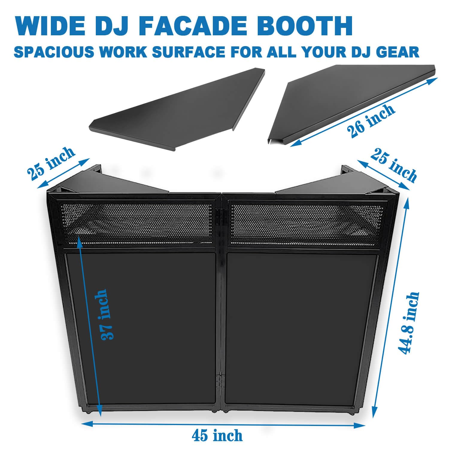 Mesa portátil de DJ con ruedas, cabina de fachada plegable de 45 pulgadas con paneles de esquina dobles y mesa de malla, soporte móvil para controlador de DJ con malla y bolsa de transporte para bodas