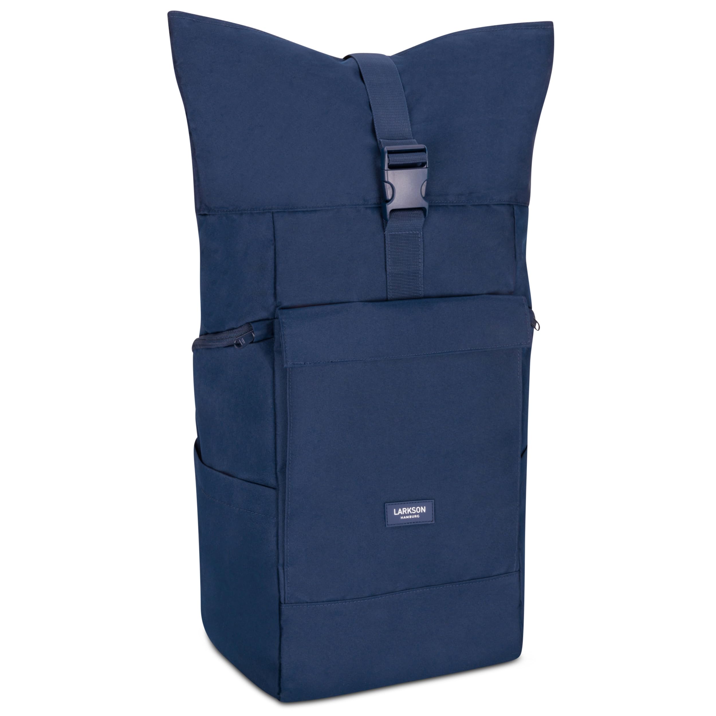 LARKSON Plecak damski i męski – No 4 Large – Rolltop Backpack 21 l z kieszenią na laptopa o przekątnej ekranu 16", do pracy i na rowerze – duży plecak podróżny z paskiem na kółkach, granatowy, jeden