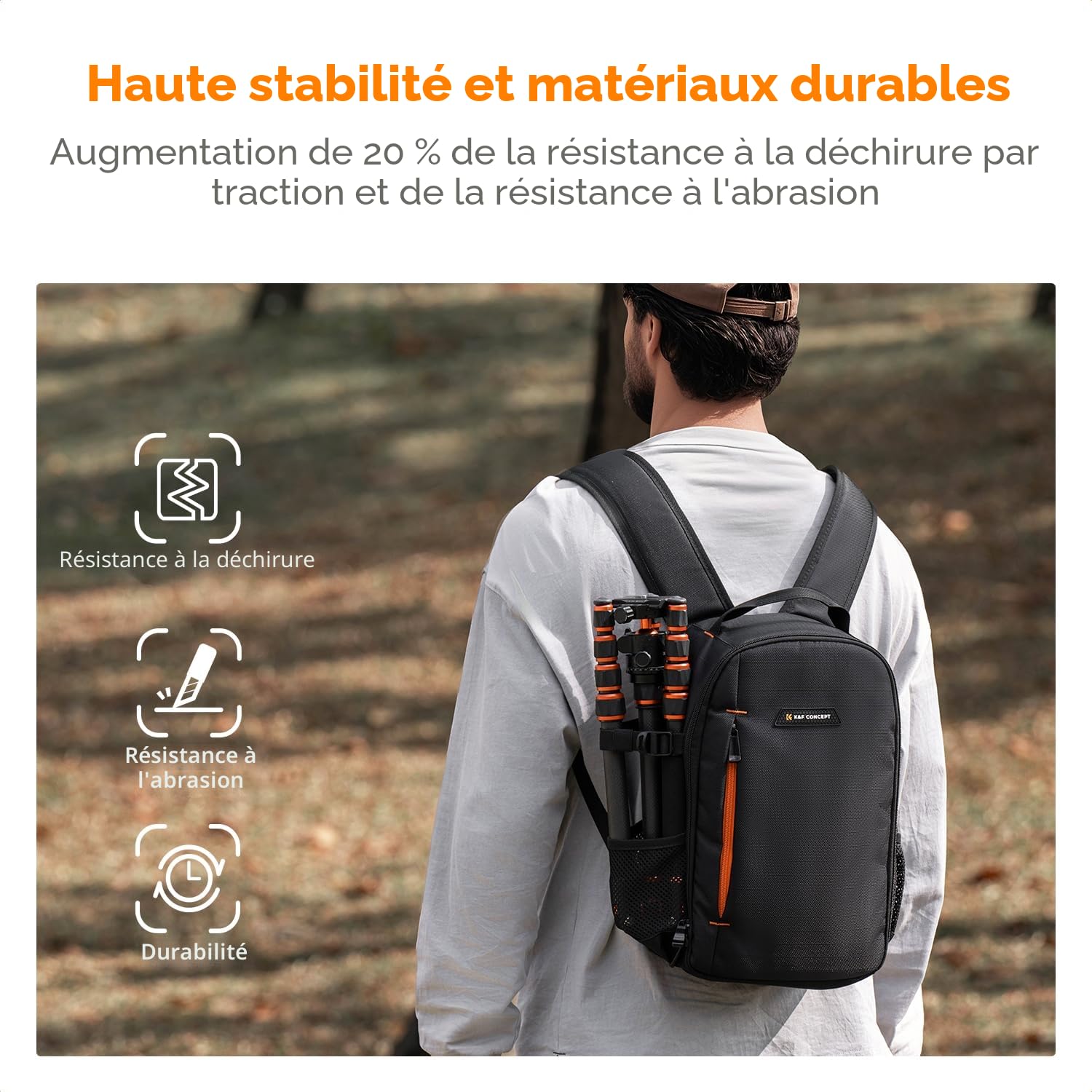K&F CONCEPT Sac appareil photo, Sac à dos compact et résistant à l'eau pour appareil photo reflex, objectifs, tablettes, trépieds et accessoires photographiques