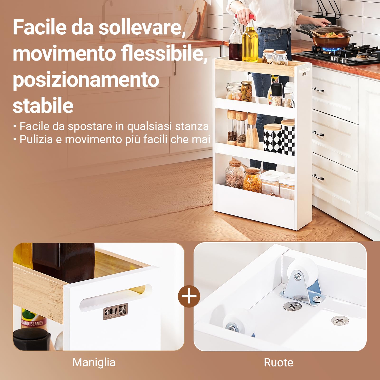 SoBuy Chariot de Rangement à roulettes 15 cm Desserte Cuisine Compacte à 3 Niveaux avec Poignée, Étagère Fine pour Cuisine, Salle de Bain ou Bureau, Meuble Rangement Blanc et Bois 15x50x80 cm NSR12-W