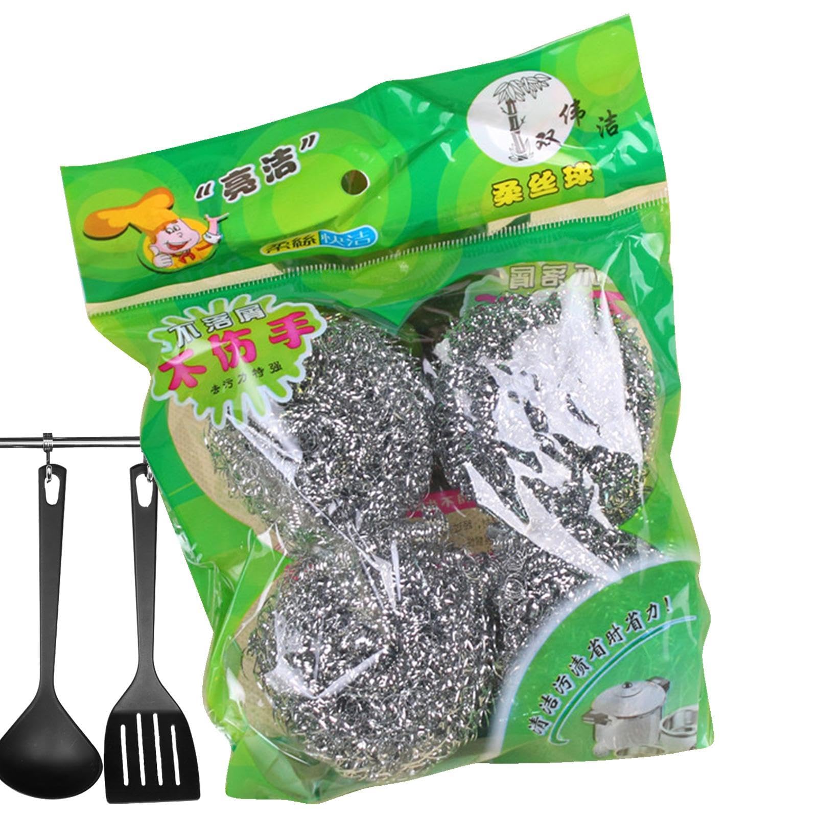 Generic Steel Wire Cleaning Ball - 4PCS Stainless Steel Sponges Scrubbers | Metal Scrubber Scouring Pads Ball | Dishes Washing Scrubber | Steel Scrubber Ball Steel Wire Ball Brush for Kitchen Sink