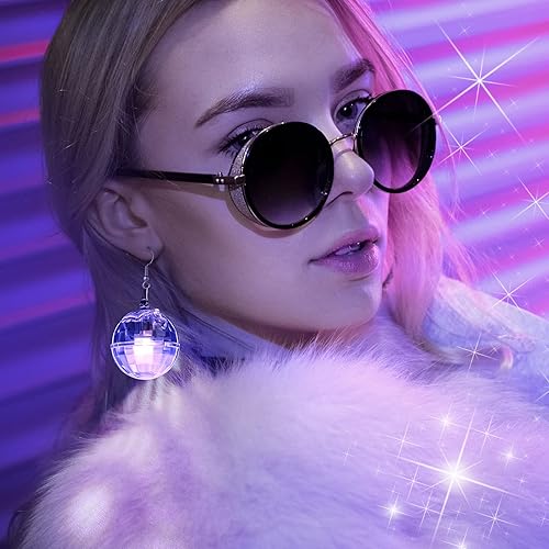 Miniatura 5 de 4 pares de aretes de bola de discoteca iluminados con luz LED, aretes de los años 60 y 70 para mujeres y niñas, despedida de soltera, fiesta de