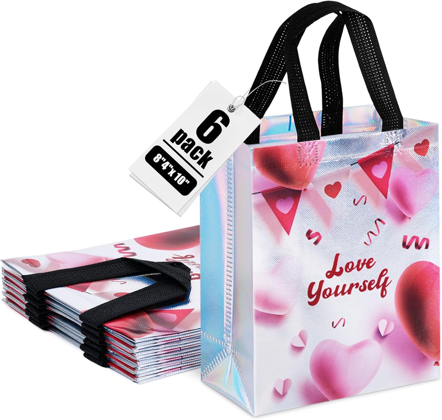 MCPINKY 6PCS Iridescent Gift Bags, Non-woven Reusable Gift Bags with Shiny Finsih, 8x4x10 Inches Red Heart Party Favor Bags with Handles for Birthday Party Christmas