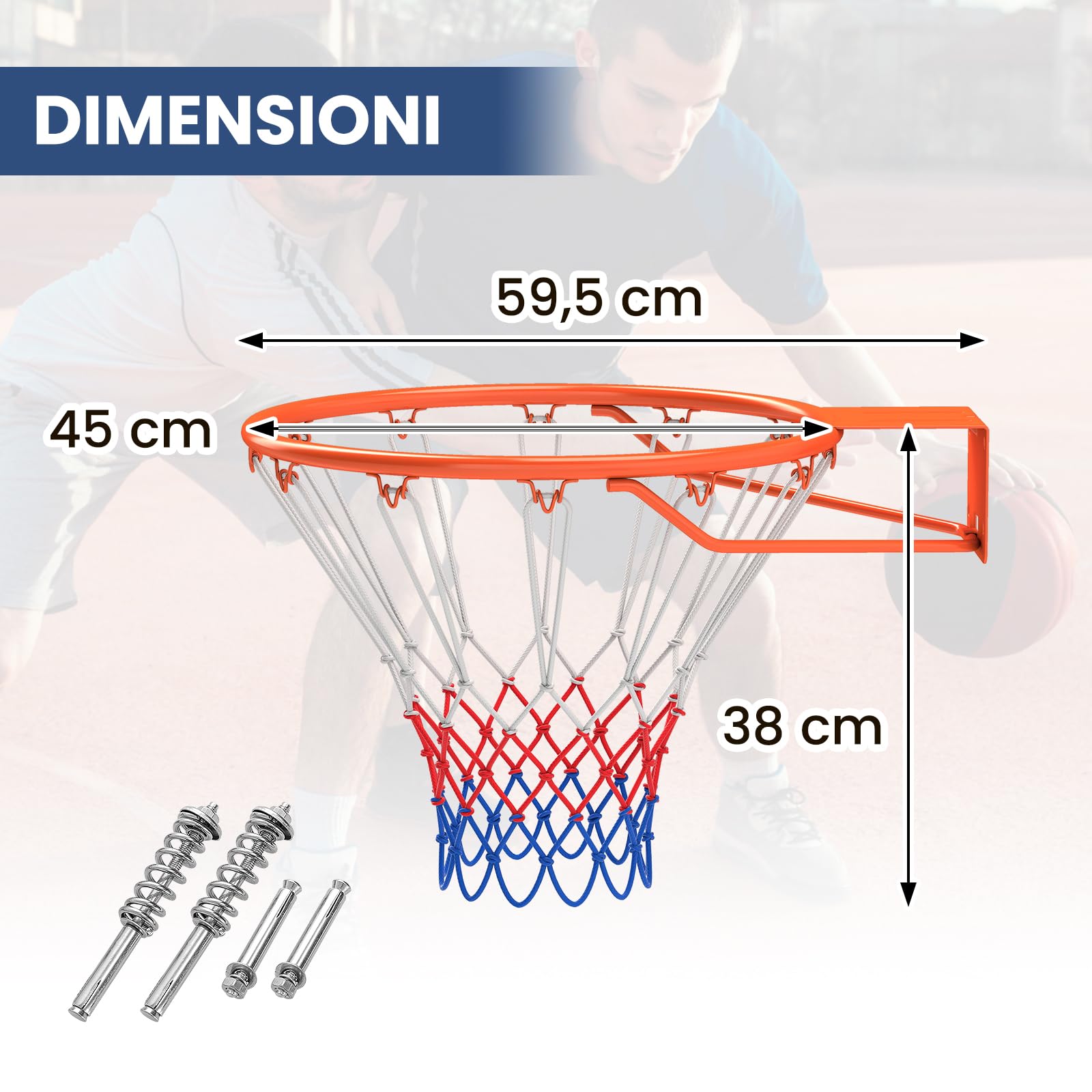 COSTWAY Canestro da Basket a Parete 45 CM, Anello da Pallacanestro da Muro con Doppia Molla, Rete Resistente e 12 Anelli, Cerchio Universale da Basket per Interno ed Esterno