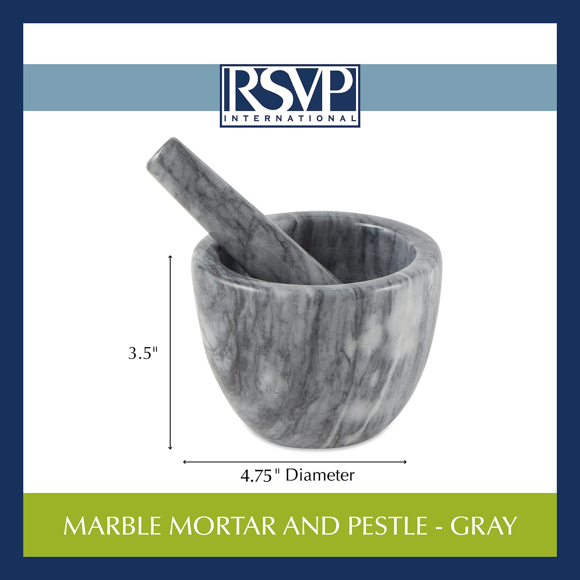 RSVP International Marble Mortar & Pestle Mano de mortero, Gres, Mármol Gris