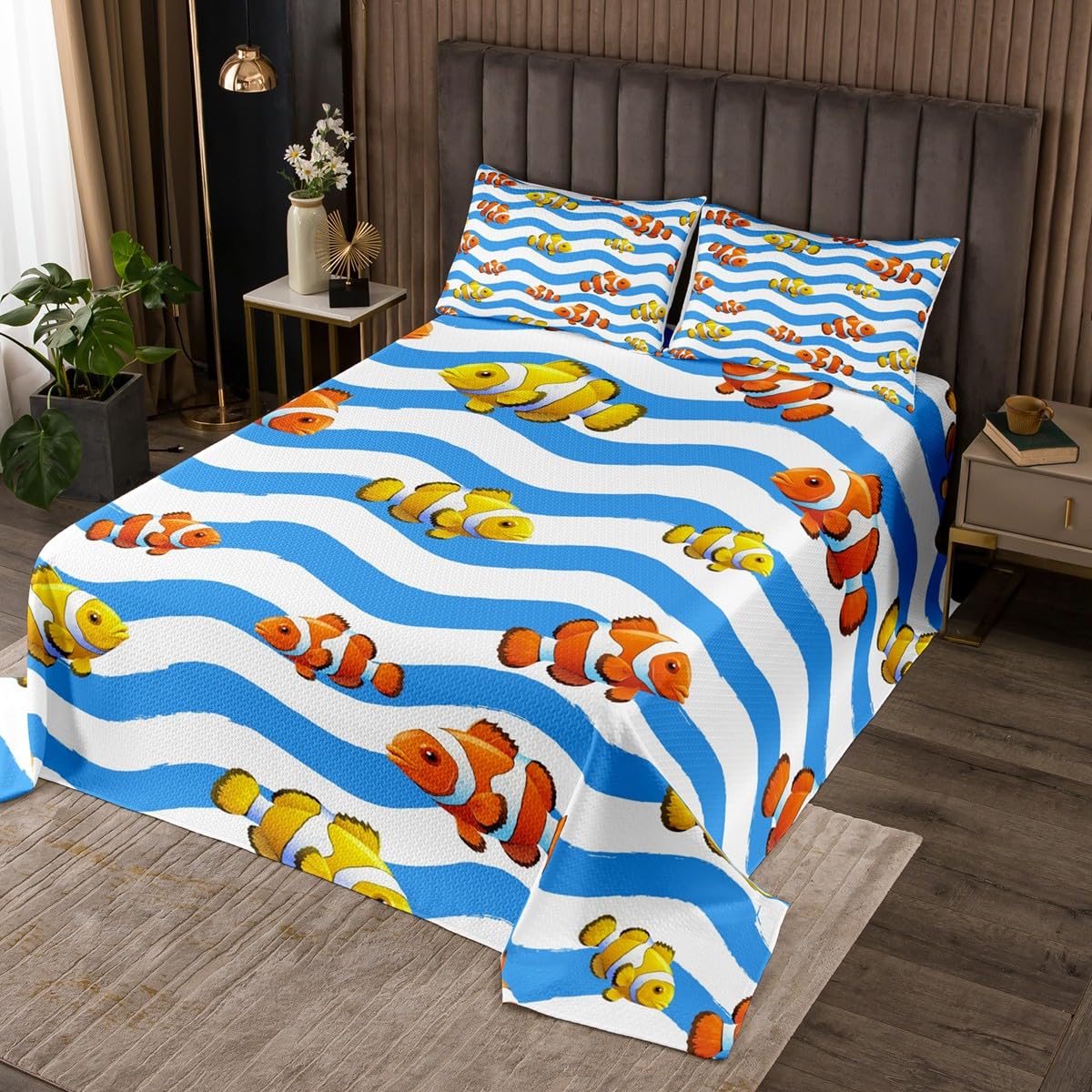 Castle Fairy Tropical Fish Bedding Set Queen Size,Blue White Striped Bedspread,Sea Animals Comforter Set,Kids Boys Girls Teens Room Decor,Colorful Ocean Fish Vivid Quilt Coverlet,2 Pillowcases
