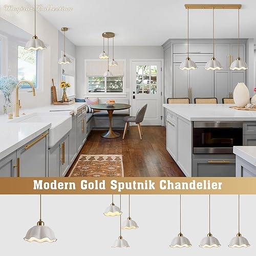 Miniatura 6 de MPL11-2 GD - Lámpara colgante moderna de vidrio de leche dorada de mediados de siglo, ajustable de cerámica blanca, lámpara colgante de latón