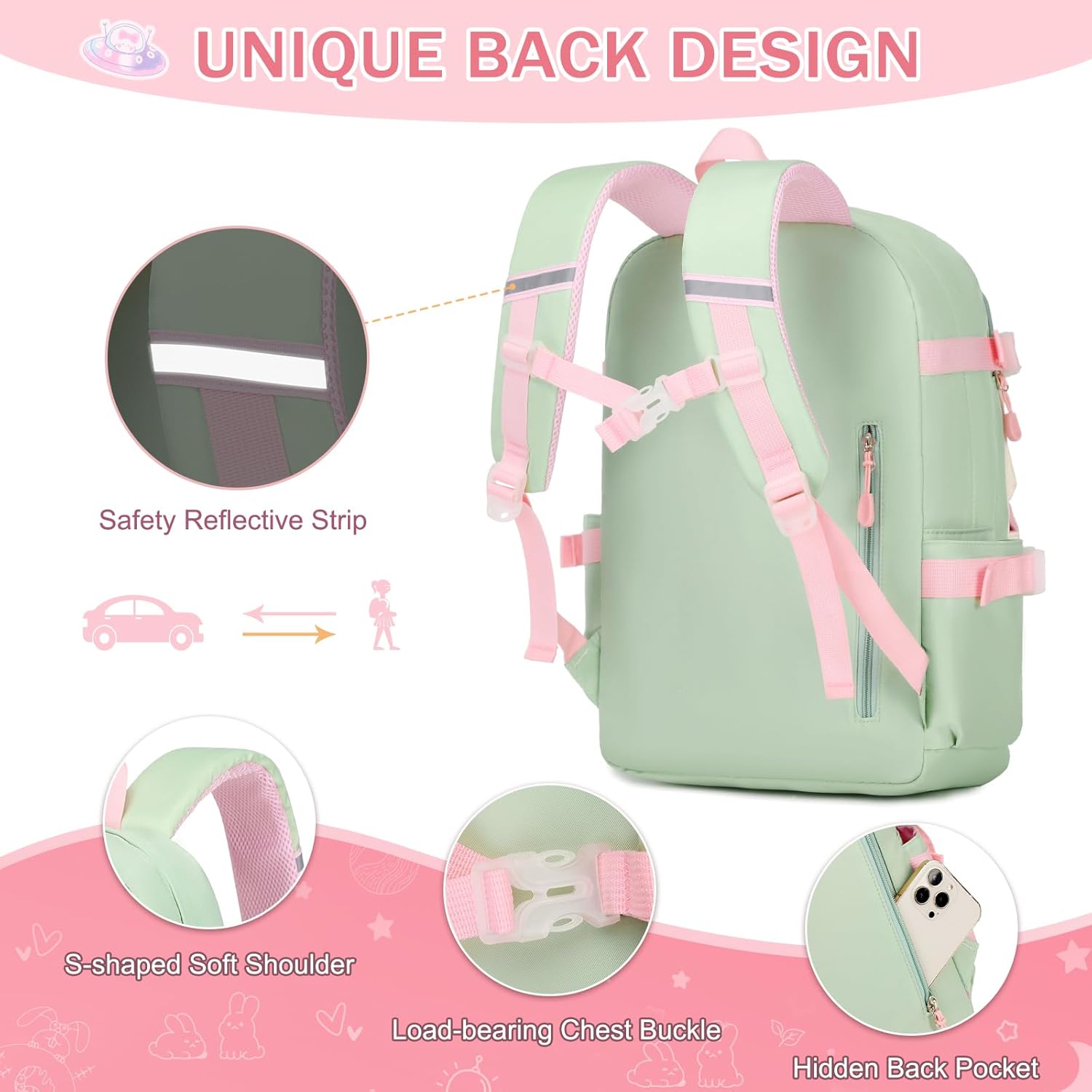 Girls Backpack Set, 3PCS School Backpack for Girls, Kawaii Bunny Kids Backpacks for Girl Kindergarten Elementary School Preschool Travel Daycare Bookbag with Lunch Box Pencil Box Green - Image 4