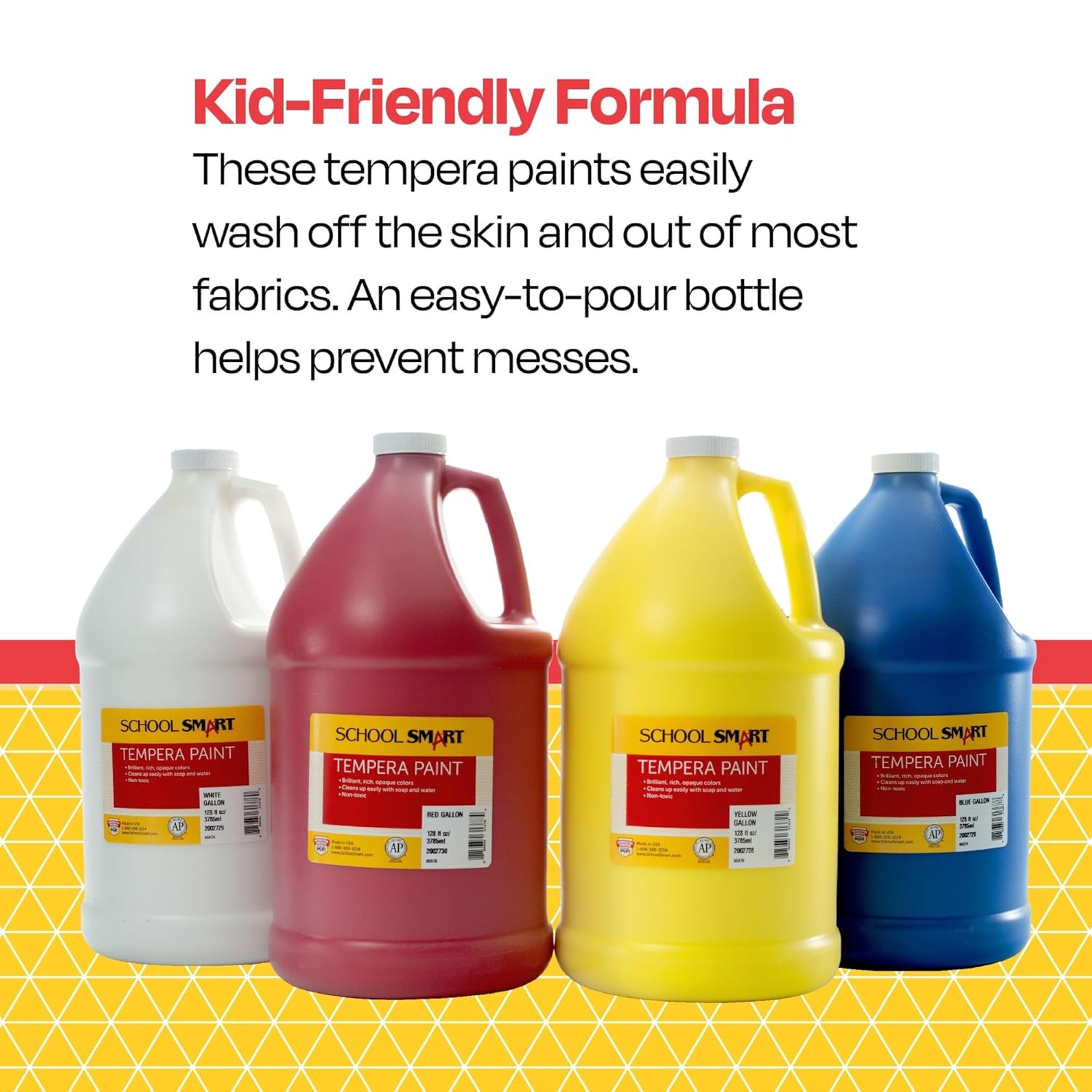 School Smart Washable Tempera Paints for School and Arts and Crafts Use, One Gallon Each, Assorted Primary Colors, Set of 4