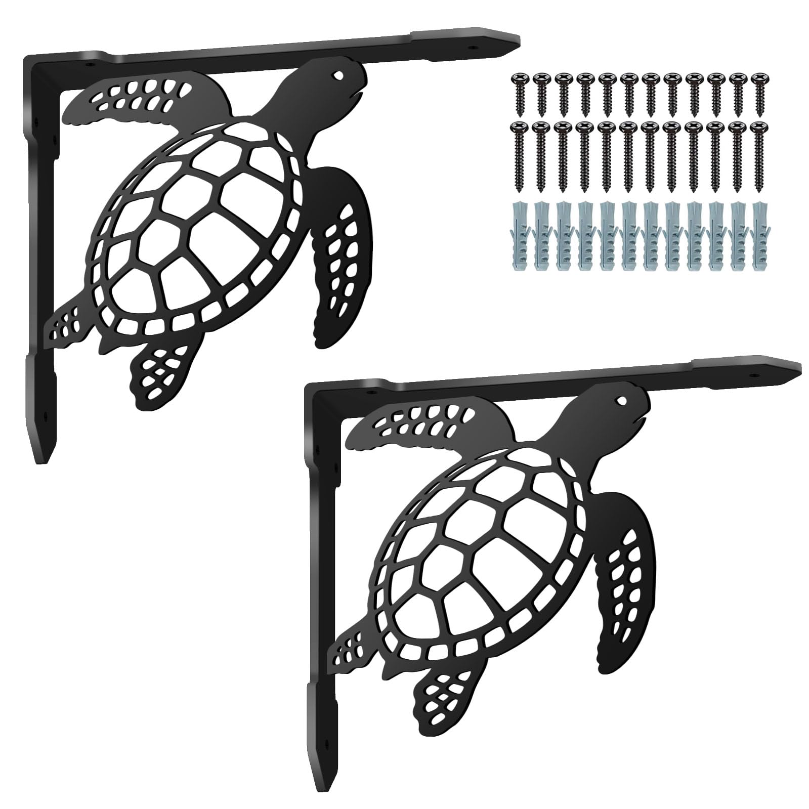 SUPERDANT 2pcs Sea Turtle Shelf Brackets 21x17cm Black Iron L Bracket Heavy Duty Decorative Wall Mount Metal Shelf Support for Balcony Kitchen Office Bedroom Bookshelf