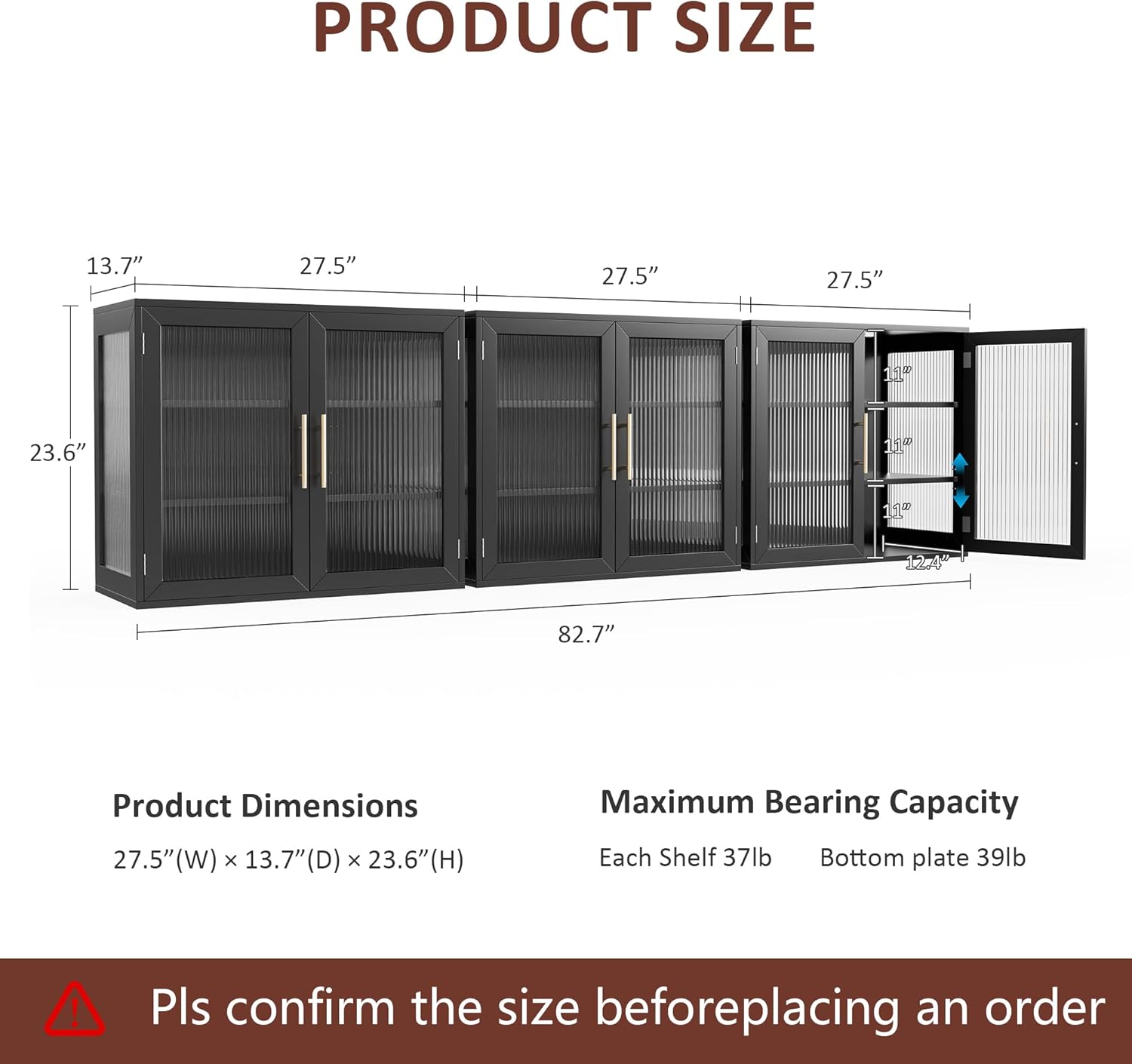 NEWOWNDS Bathroom Wall Cabinet Set,Wall Mounted Cabinet with Glass Doors,Wall Storage with Adjustable Shelves for Kitchen and Laundry Room (Black, 27.5" W X 3pcs)