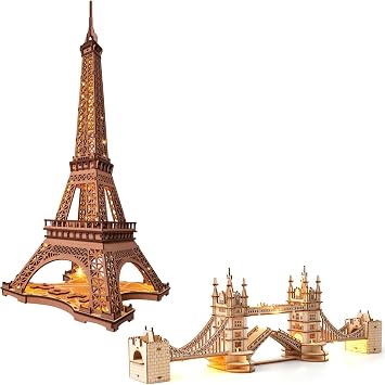 ROBOTIME 3D Puzzle for Adults Wooden Craft Kits for Teens DIY Construction Model Kit with LED Light Tower Bridge &Eiffel Tower