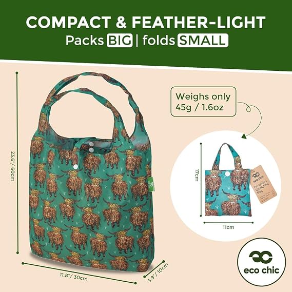 ECO CHIC Lightweight Foldable Reusable Shopping Bag Water Resistant Tote Bag