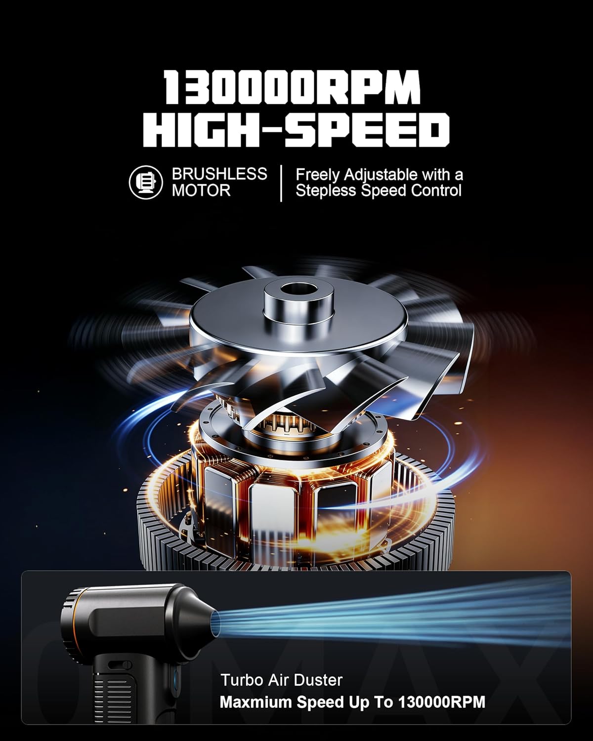 Electric Compressed Air Duster, 130000RPM Adjustable Infinitely Speed Handheld Mini Blower Cordless, 8000mAh Portable Power Fan Home Cleaner for Car Keyboard Computer PC Outdoor (Black II, Pro) - Image 3