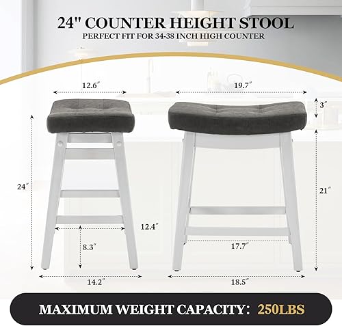 Miniatura 3 de AQO Juego de 2 taburetes de bar de 24 pulgadas con patas de madera maciza, asiento acolchado suave de piel sintética para taburetes tapizados de 34