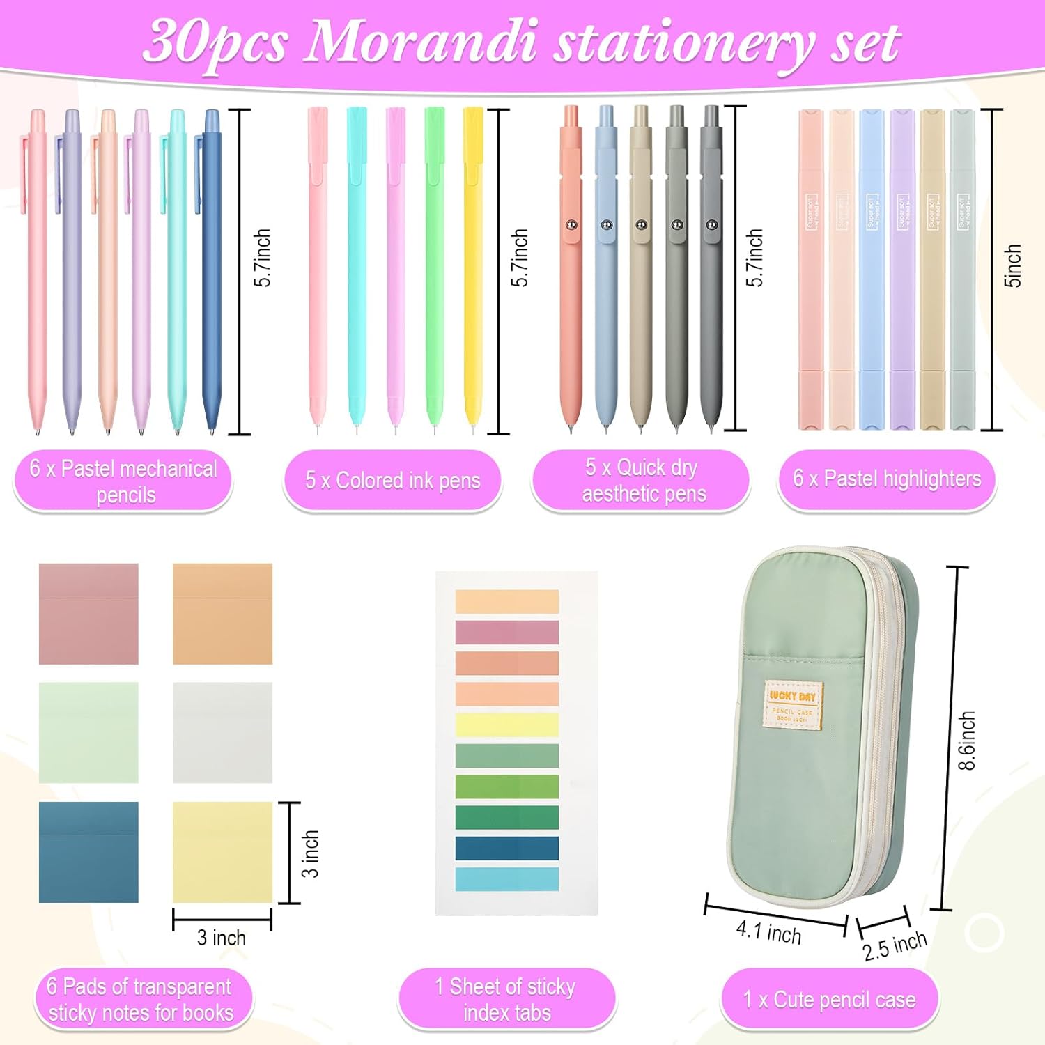 30 Pcs Aesthetic School Supplies with Pencil Case 6 Mechanical Pencil 5 Ballpoint Pen 5 Quick Dry Pen 6 Pastel Highlighter Transparent Sticky Index Tab for Student Stationary Essentials(Green)