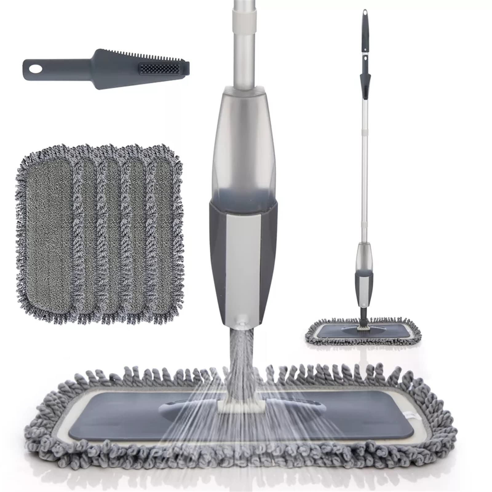 Mopa limpiadora en aerosol para suelos – mopa plana húmeda y seca para azulejos, laminado, cerámica, madera – Incluye almohadillas reutilizables y kit de limpieza de raspador