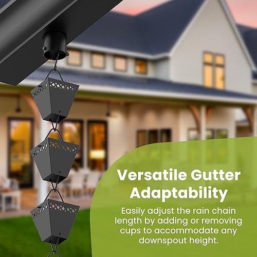 Miniatura 7 de Kit de cadena de lluvia con adaptador y extensión  Cadenas de lluvia con recubrimiento de polvo negro para canaletas de 10 pies  Cadena de lluvia