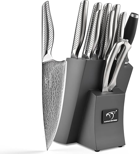 NANFANG BROTHERS Juego de 10 cuchillos de cocina de Damasco, acero inoxidable de alto carbono, acero Damasco, mango ergonómico de acero inoxidable
