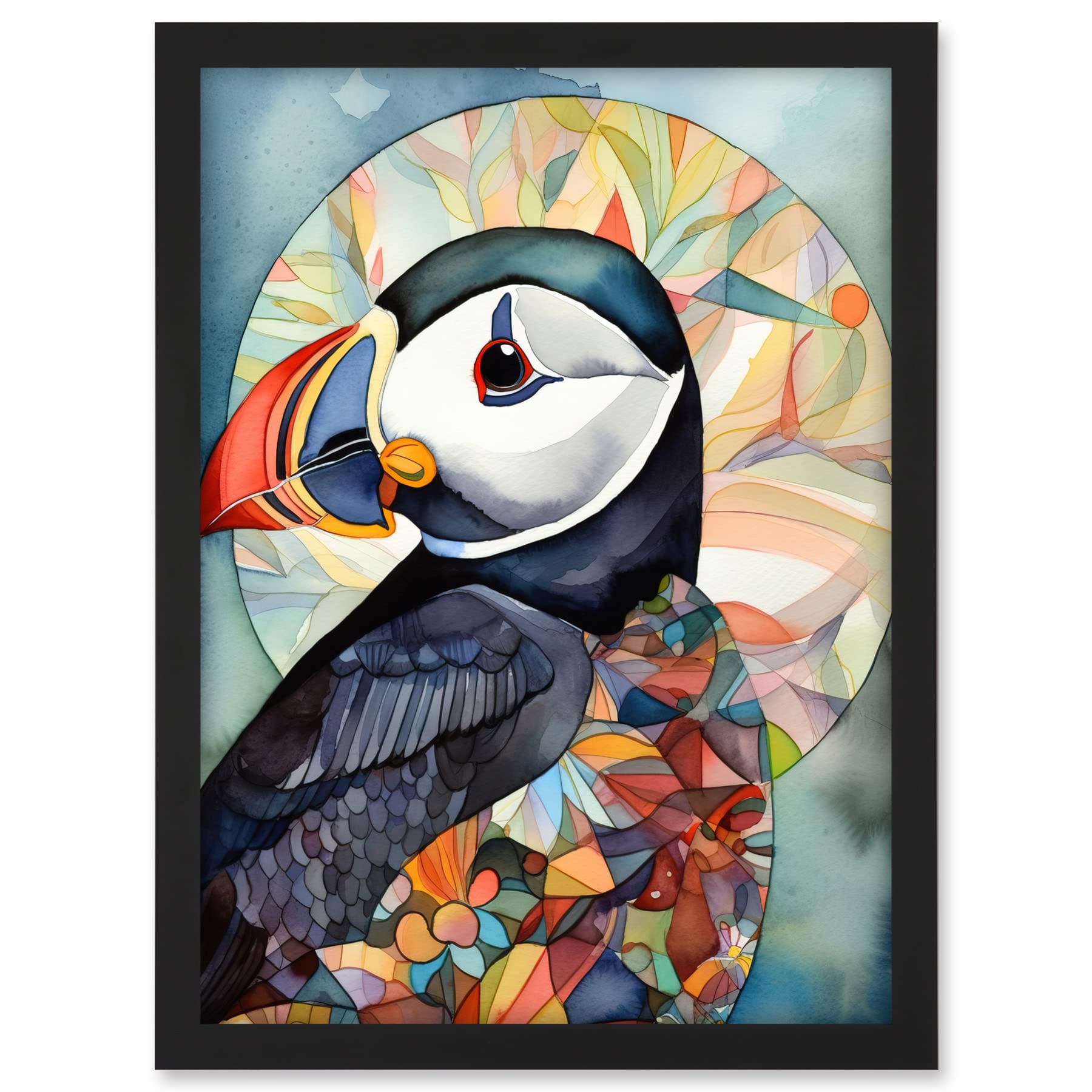 Artery8 Puffin Bird Portrait Folk Art Artwork Framed A3 Wall Art Print