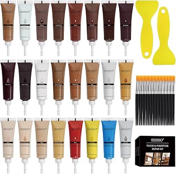 SEISSO Wood Furniture Repair Kit, 24 Colors Wood Fillters with Brushes Plastic Scraper Any Color for Stains, Scratches, Tables, Desks, Wooden Floors, CarpentersSet of 50
