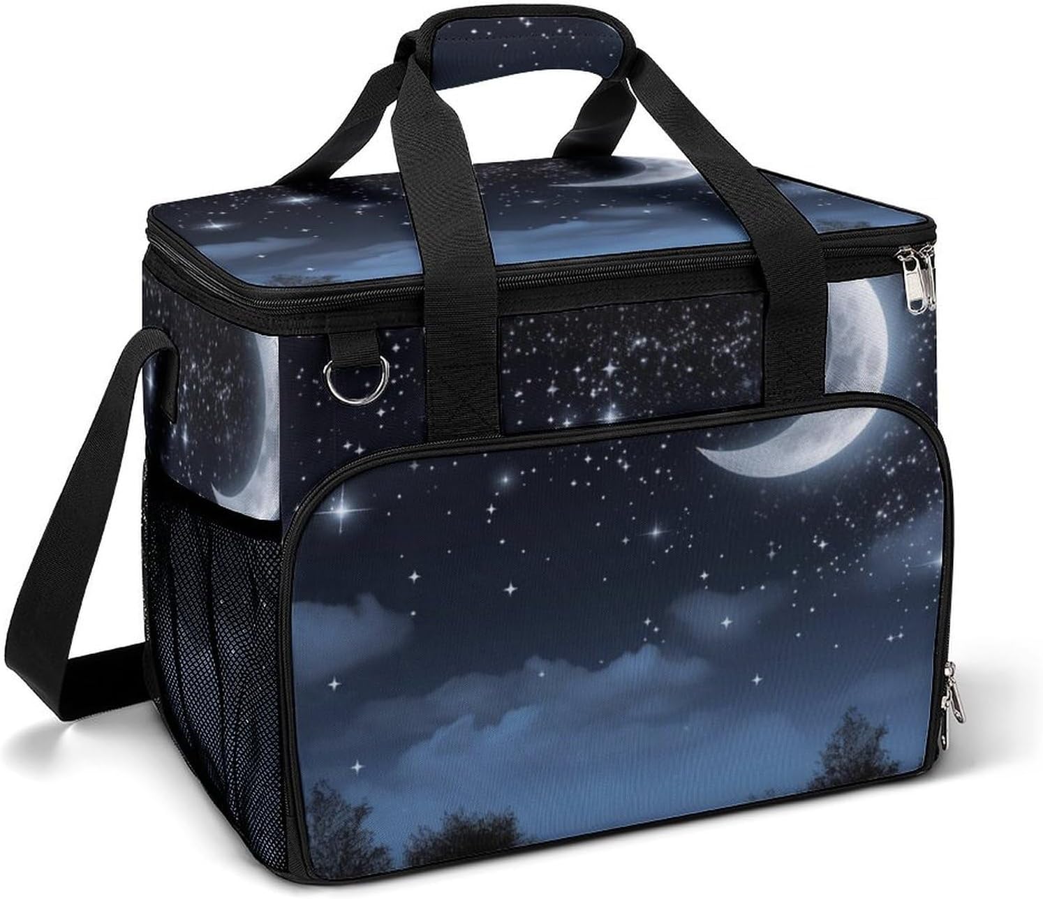 Large Capacity Oxford Cloth Nightsky Hanging Moon Printed Camping Ice Bag, Outdoor Portable Insulation and Cooling Bag, Suitable for Outdoor Camping and Picnics