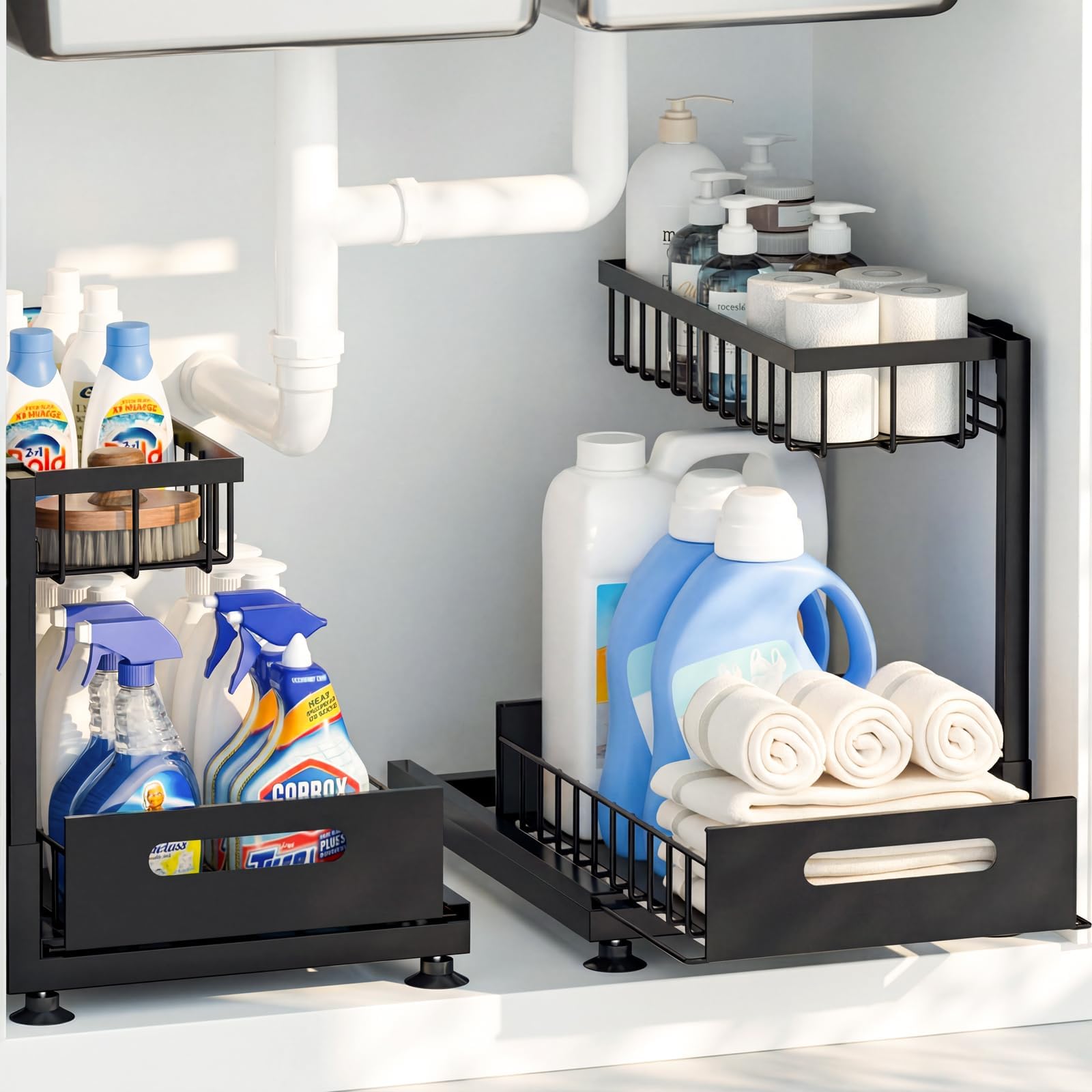 Küchen organizer, Metall Spülschrank organizer, Unterschrank Organizer, Herausgleiten Ausziehbares Putzmittel Organizer für Schrank, Bad(Schwarz)