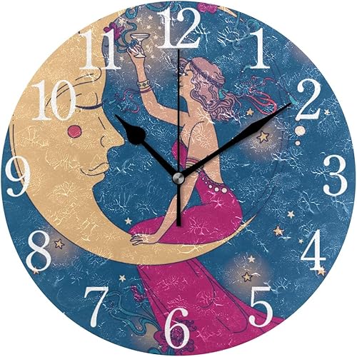 senya Reloj de pared hermoso póster en estilo Art Nouveau con fiesta mujer y luna cielo estrellado silencioso sin tictac operado redondo fácil de