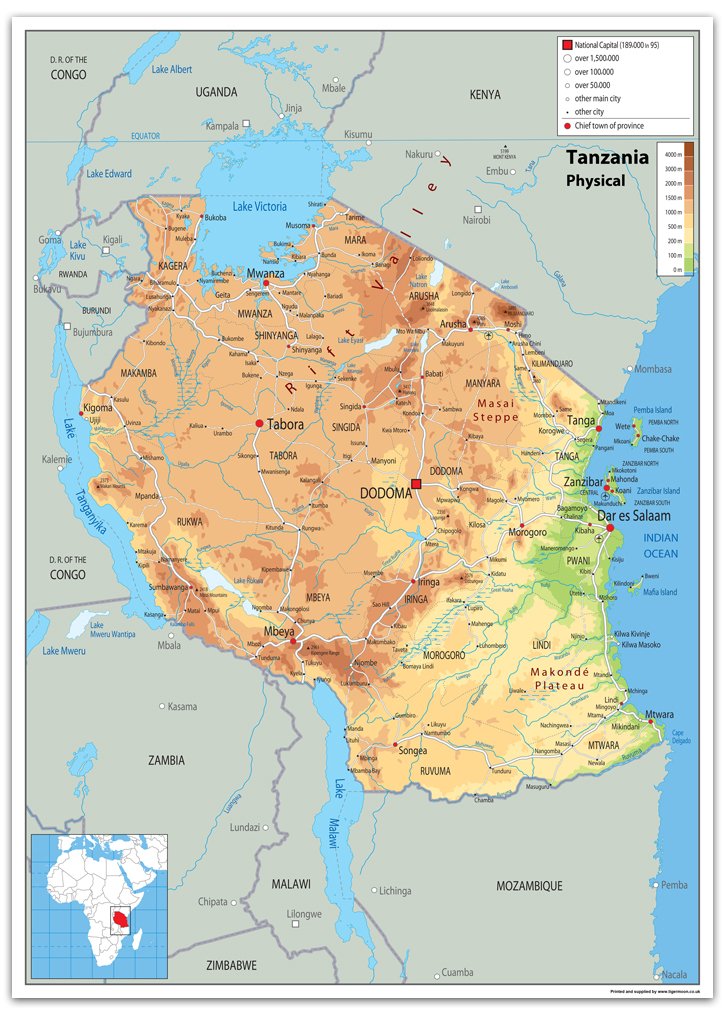 Physical Map of Tanzania - Size A2-59.4 x 42cm - Paper Laminated