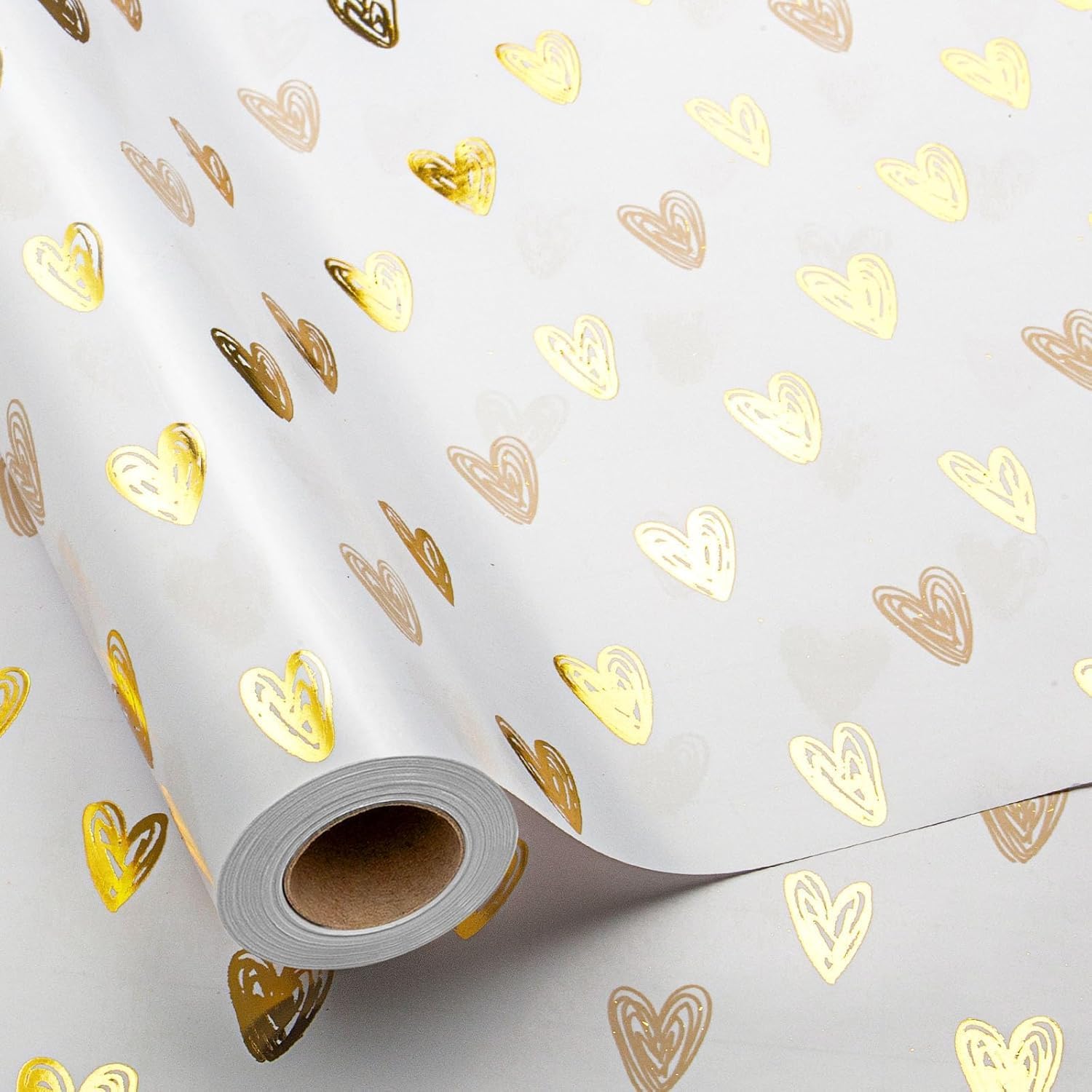 MAYPLUSS Foil Hearts Wrapping Paper Roll - 17 Inch X 16.5 Feet - Luxury Metallic Golden Heart Design Holiday Gift Wrap Present Paper for Valentine’s Day, Birthdays, Wedding, Anniversaries 17 Inch X 16.5 Feet Gold Foil Hearts