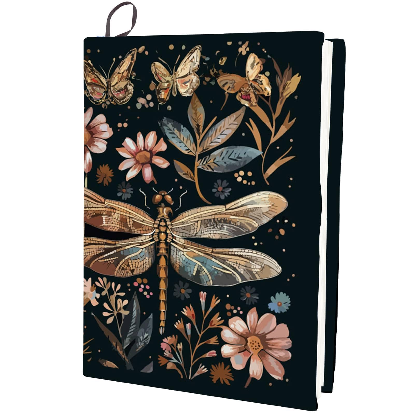 CRASPIRE Stretchy Book Covers Animal Book Cover Dragonfly Insect Flower Leaf Elastic Cloth Reusable Notebook Wraps Sleeve Protector for Hardcover Books Paperback Textbooks