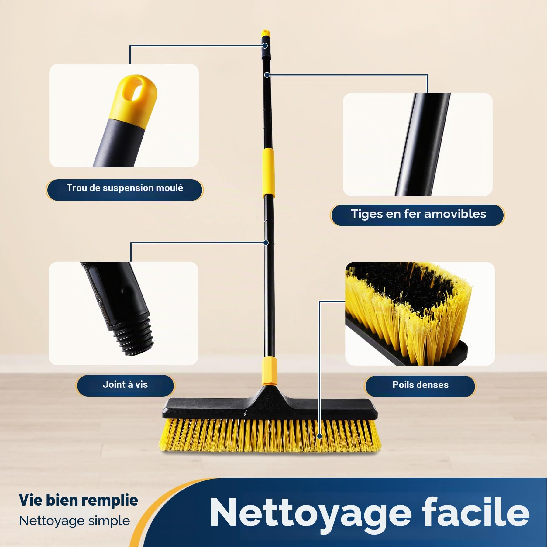 Yocada Balai télescopique à poils durs de 45,7 cm - Balai commercial pour extérieur, idéal pour nettoyer le patio, le garage, le pont, le béton, le bois, la pierre, le carrelage et le sol - Manche de
