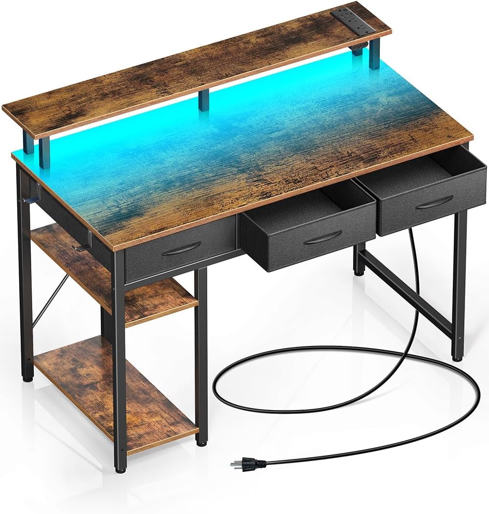 Rolanstar Computer Desk with Power Outlets & LED Light, 39 inch Home Office Desk with 3 Drawers and Storage Shelves, Writing Desk with Monitor Stand, Work Desk for Home Office,Rustic Brown