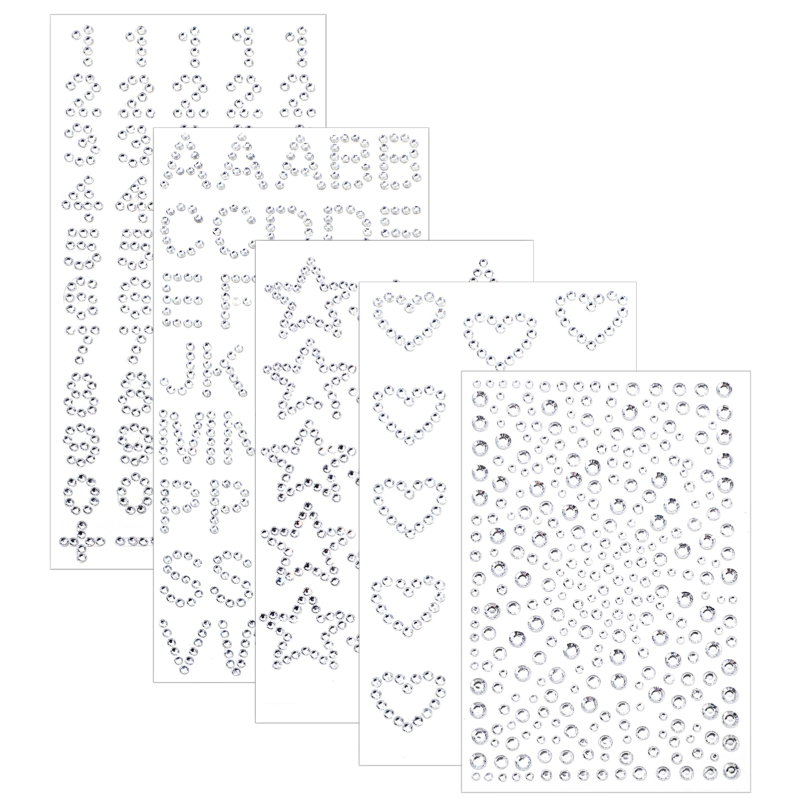 5Pcs Rhinestone Stickers Heart Numbers Letters Sticker Self-Adhesive Glitter Alphabet Jewels Decal Crystal Gemstone Border Art Sticker for Face Makeup Body Nail Craft Clothes Festival Decors
