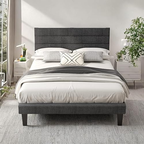 Miniatura 16 de VINGLI Base de cama de plataforma tamaño Queen con cabecera de tela de lino, cama moderna de perfil bajo con soporte de listones tapizados y Gris