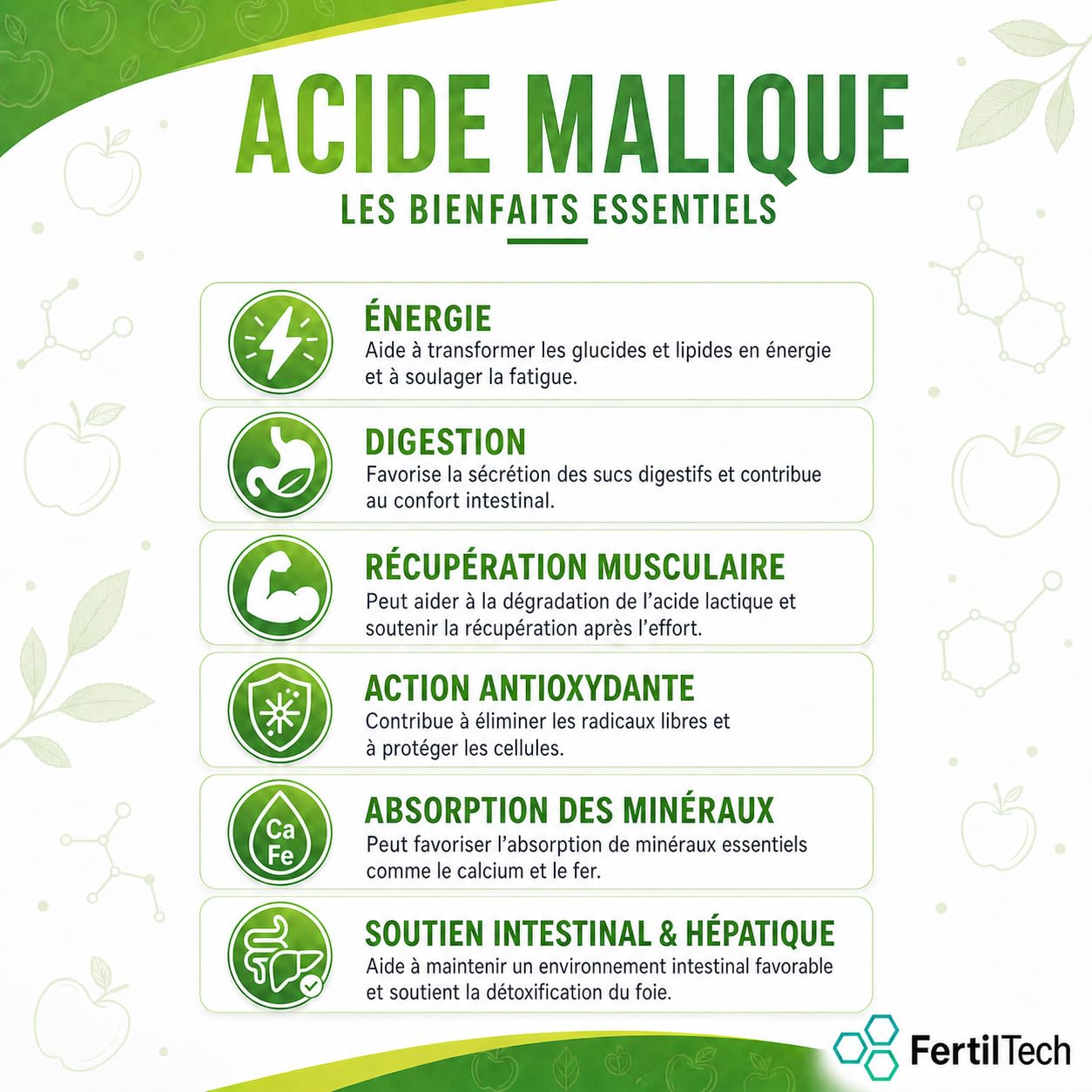 FertilTech Acide Malique Alimentaire 750 g Acidifiant Naturel Qualité Alimentaire Pour Boissons Confiseries et Pâtisseries Goût Acidulé Fruité Convient aux Recettes Maison Formule Vegan