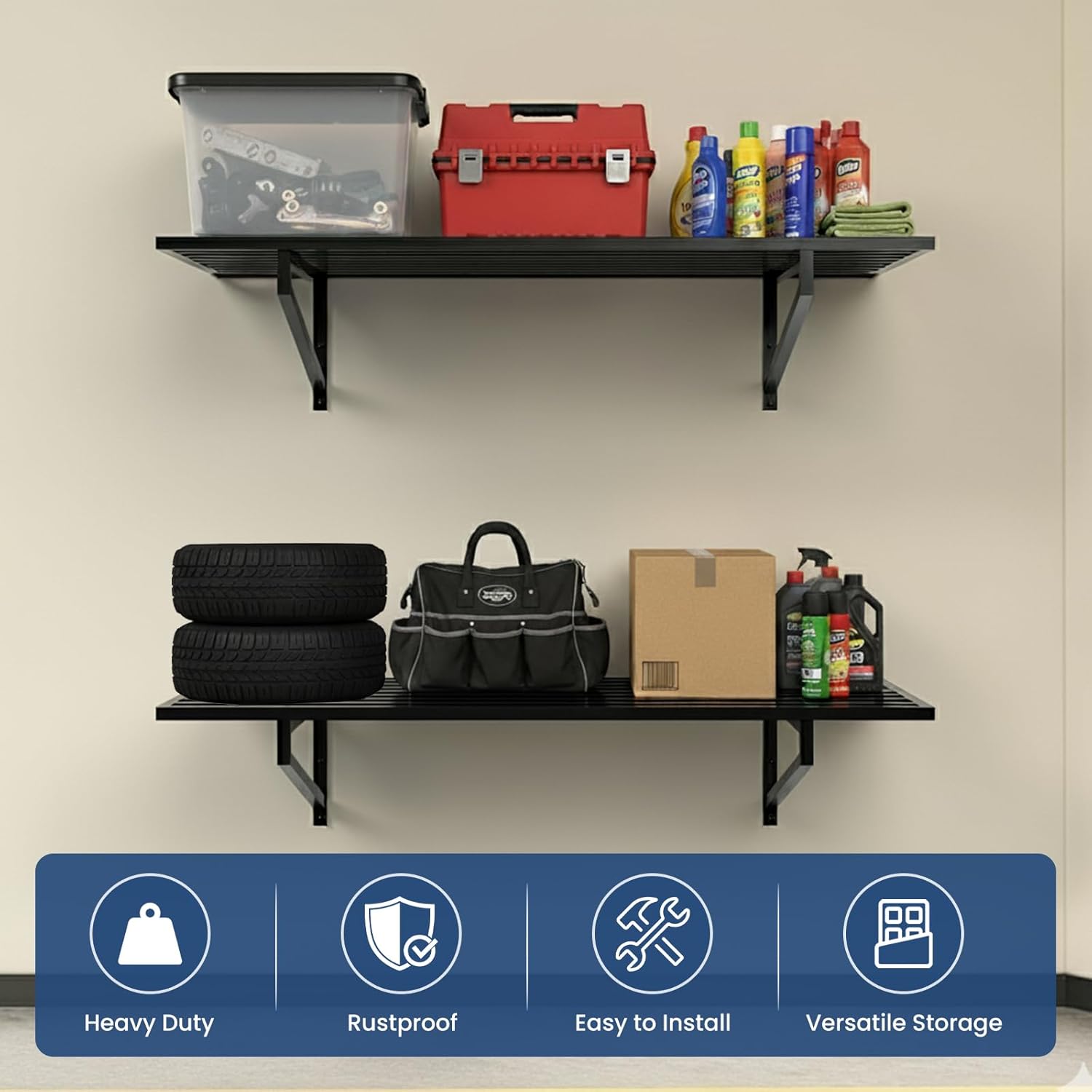 2-Pack Heavy Duty Garage Wall Shelves, 2' x 4' Powder-Coated Alloy Steel Storage Rack with 6 Utility Hooks, 500 lbs Total Capacity, Rust-Resistant Floating Shelving for Bins, Tools & Camping Gear