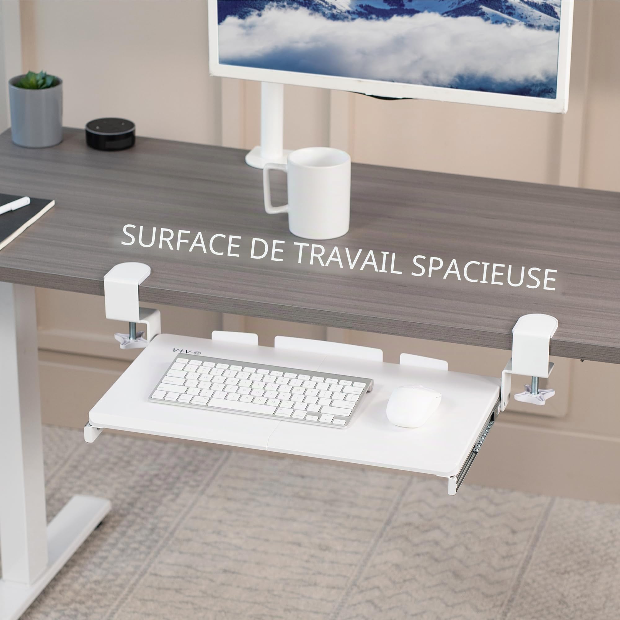 VIVO MOUNT-KB05ES-W Petit plateau pour clavier, avec système de fixation en C extra robuste, 20 (26 pinces incluses) x 28 cm, blanc