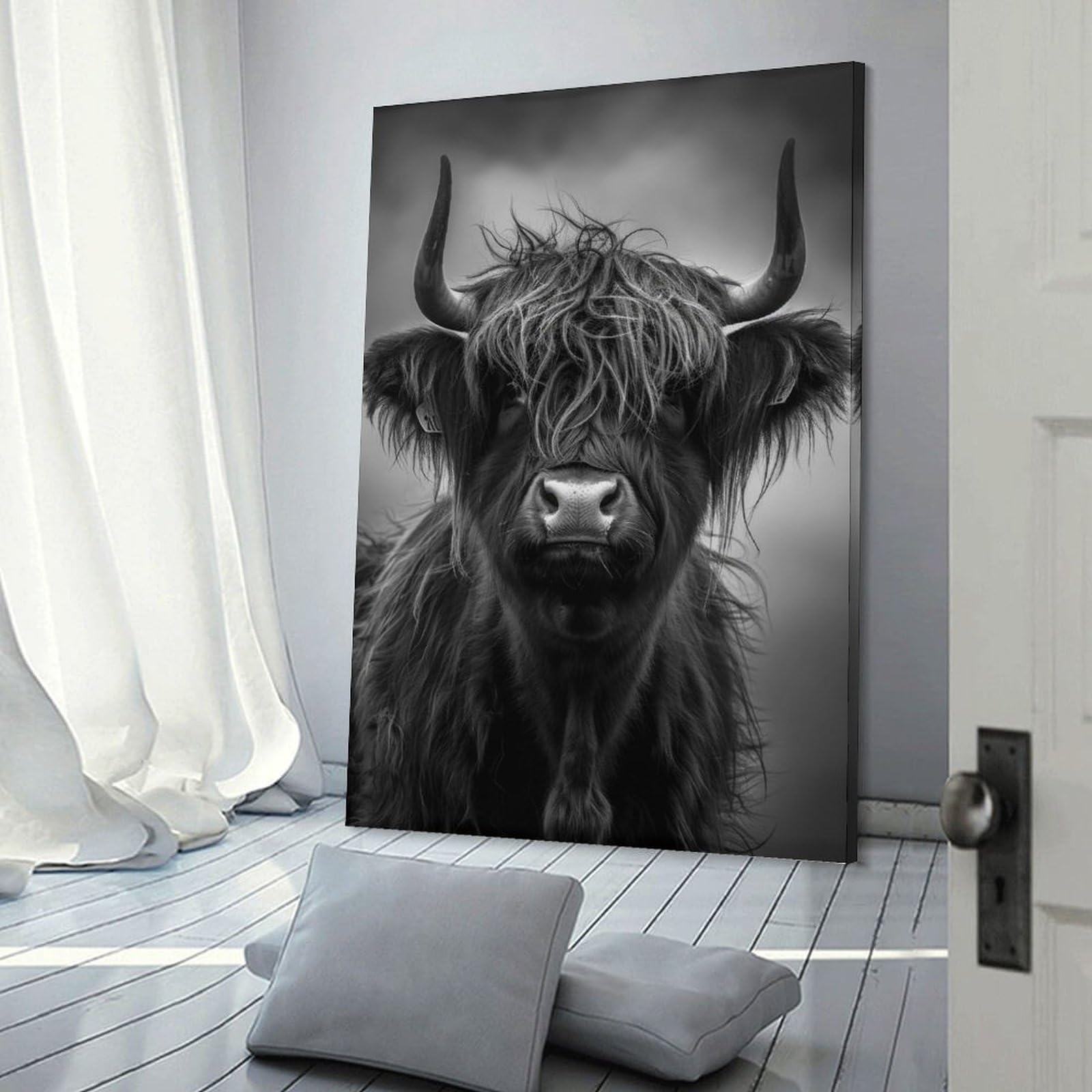 Junmoney Hanging Wall Art Black& White Highland Cow Portrait Photo, 08x12inch(20x30cm), for Wall Displays, Bedrooms Or Room Updates, Wall Decor Suited to Curated Displays