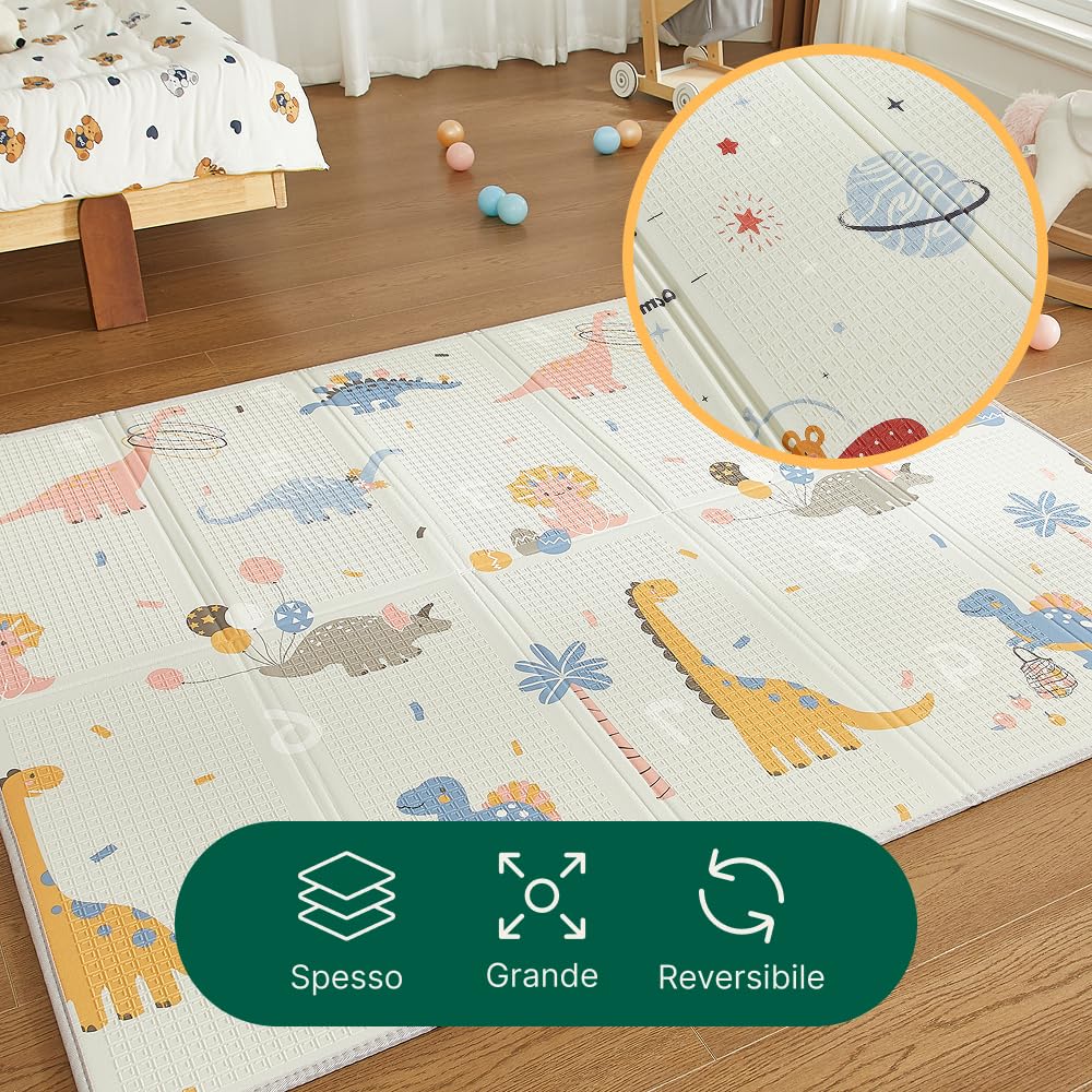 CASABEL Tappeto Gioco Evolutivo 180×150 cm, Pieghevole, Impermeabile e Spesso, Fantasia Giurassico, Grande Formato, Colorato, Facile da Riporre e Trasportare