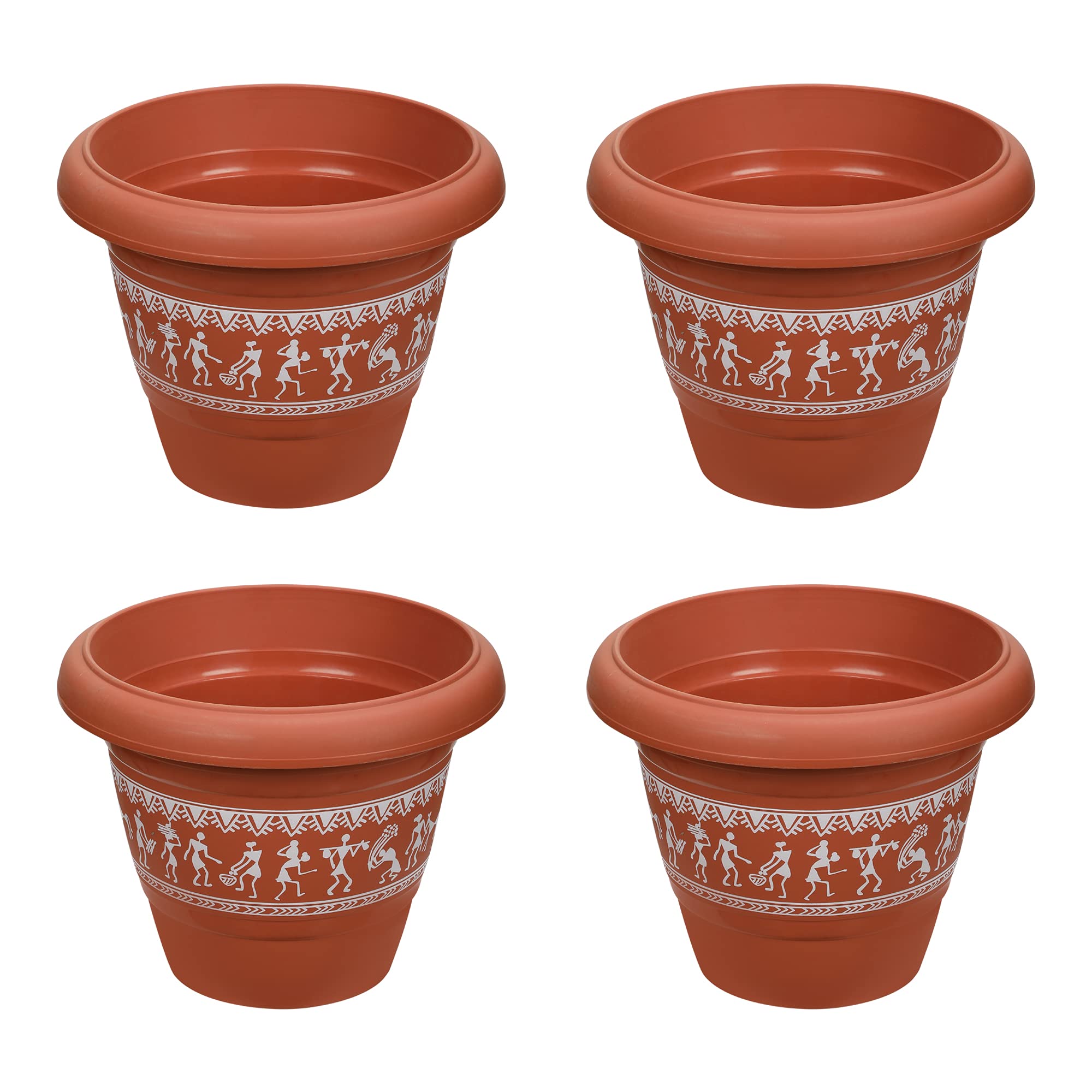 RATAN PLASTICWARE Plastic Planters Varli Print 10.8 Inches Terracotta Planter No 4 (Pack of 4) Flower Pots for Lifestyle Improvement & Styling Garden/Room/Balcony/Office Flower Pots