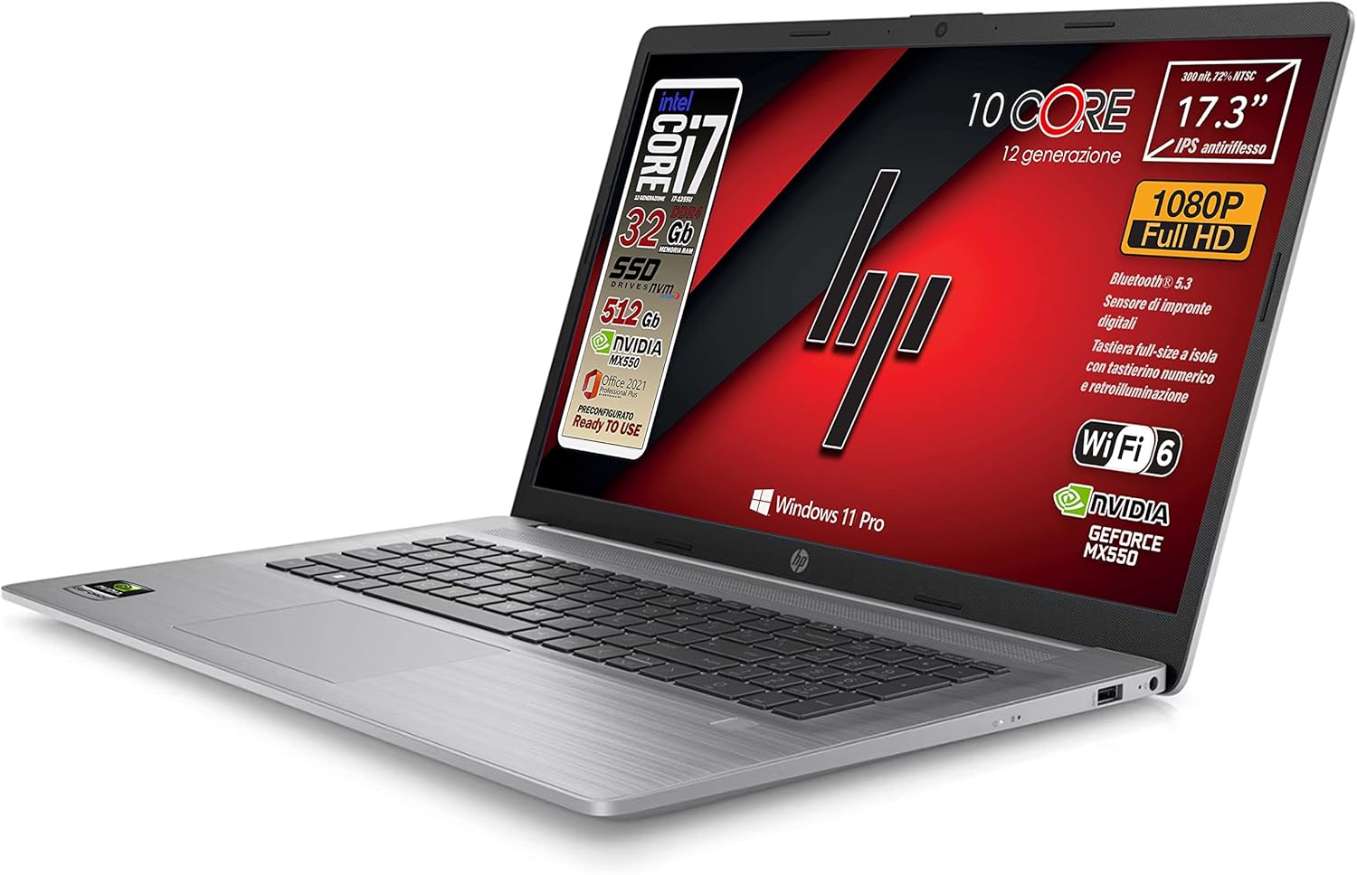 HP 470 G9, notebook, Intel i7 12 Th. 10 Core, RAM 32 Gb, SSD 512 Gb, 17.3 IPS Full HD, Geforce Mx 550 dedicata, wi-fi 6, webcam HD, tastiera retroilluminata, Win 11 Pro, Office Pro, Garanzia Italia