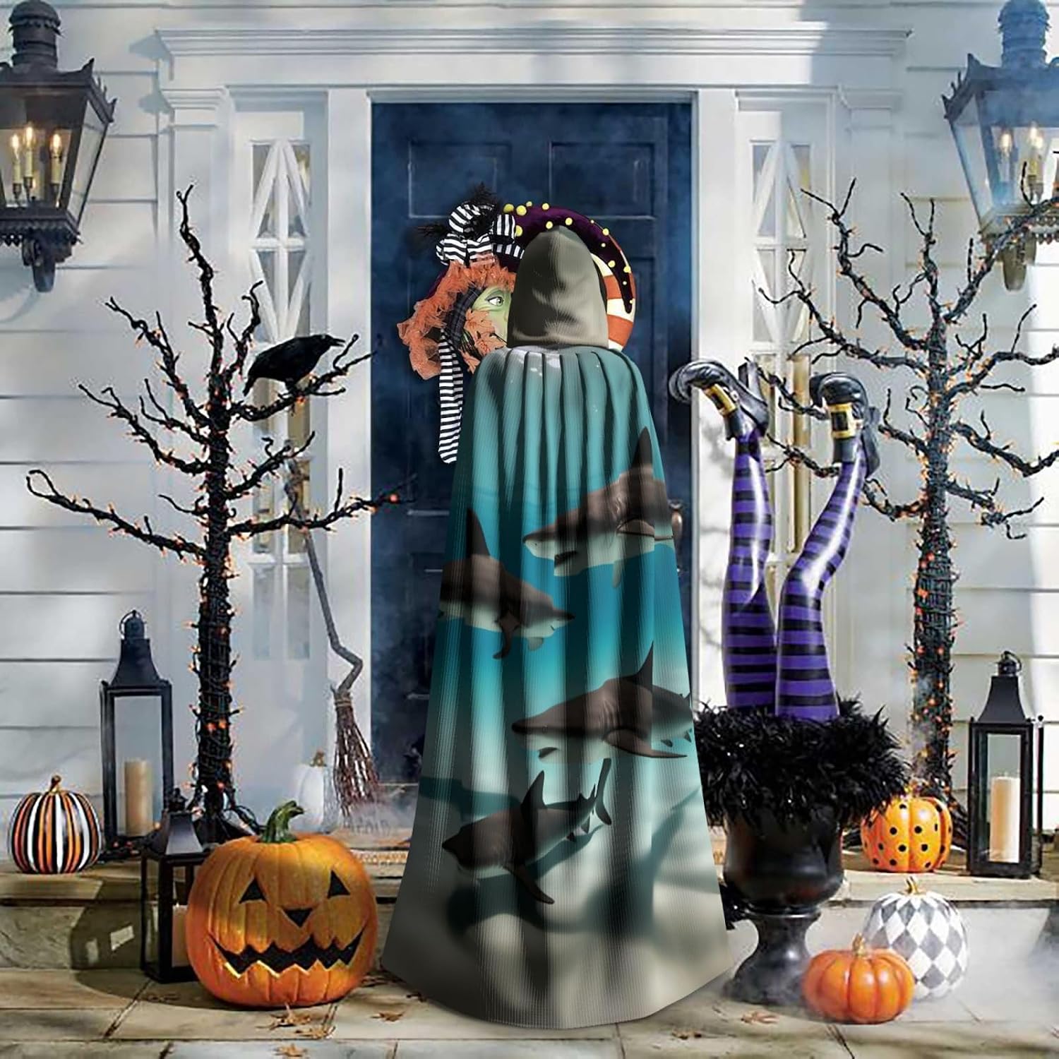 Unisex Full Length Hooded Halloween Christmas Party Robe Cloak Cape Cosplay Costume Men Women Fish in The Deep Sea Prints Black