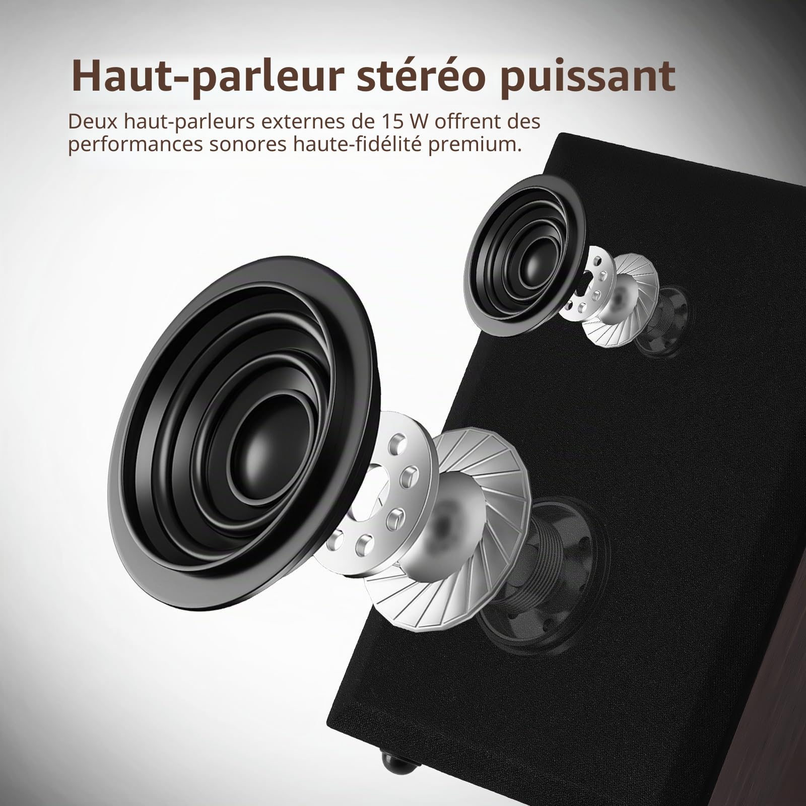 Tourne-disque 3 vitesses, 2 haut-parleurs extérieurs 15 W, Bluetooth, entrée auxiliaire, USB, LP-MP3, lecteur vinyle vintage, bois foncé