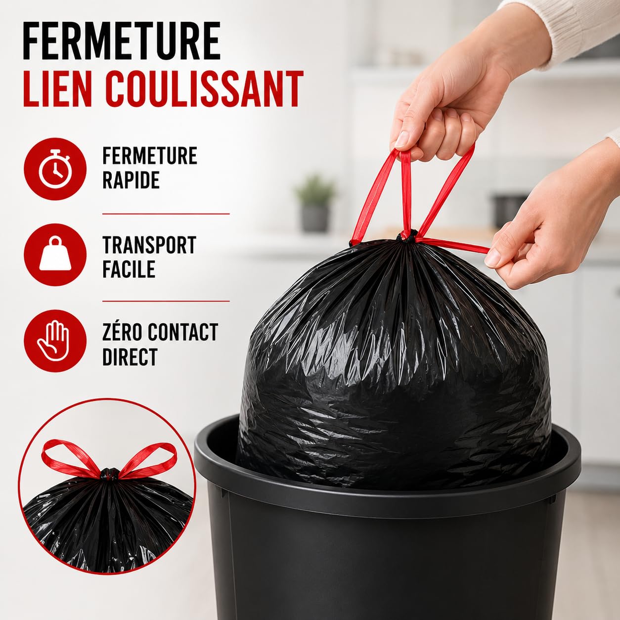 Bolsa de basura de 50 l, enlace deslizante | 100 bolsas de basura negras | ultra resistente e impermeable (35 µ) | Papelera de cocina | Cierre fácil | Anti fugas | Solución práctica e higiénica
