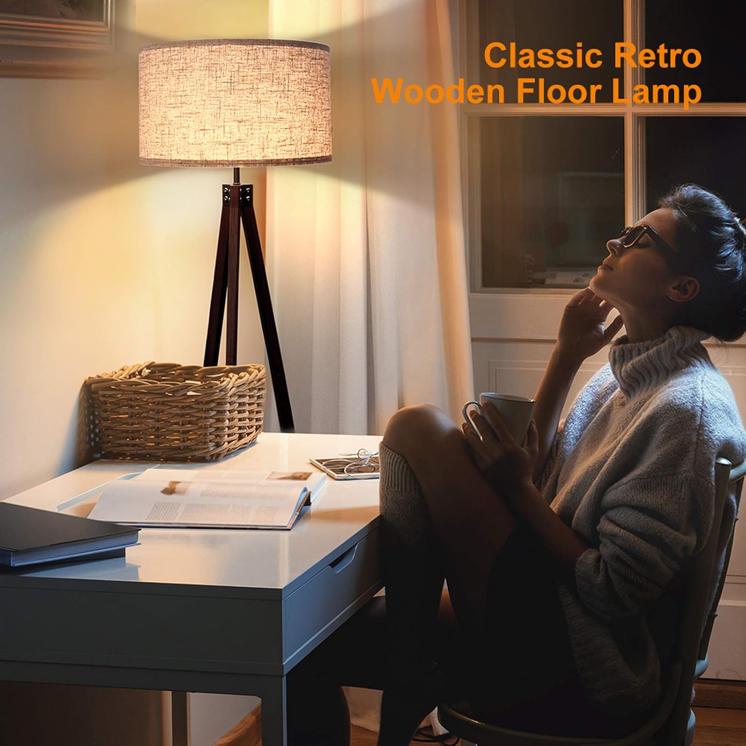 LEPOWER Wood Tripod Floor Lamp, Mid Century Standing Reading Light for Living Room, Bedroom, Study Room and Office, Modern Design, Flaxen Lamp Shade with E26 Lamp Base (Walnut) : Tools & Home Improvement