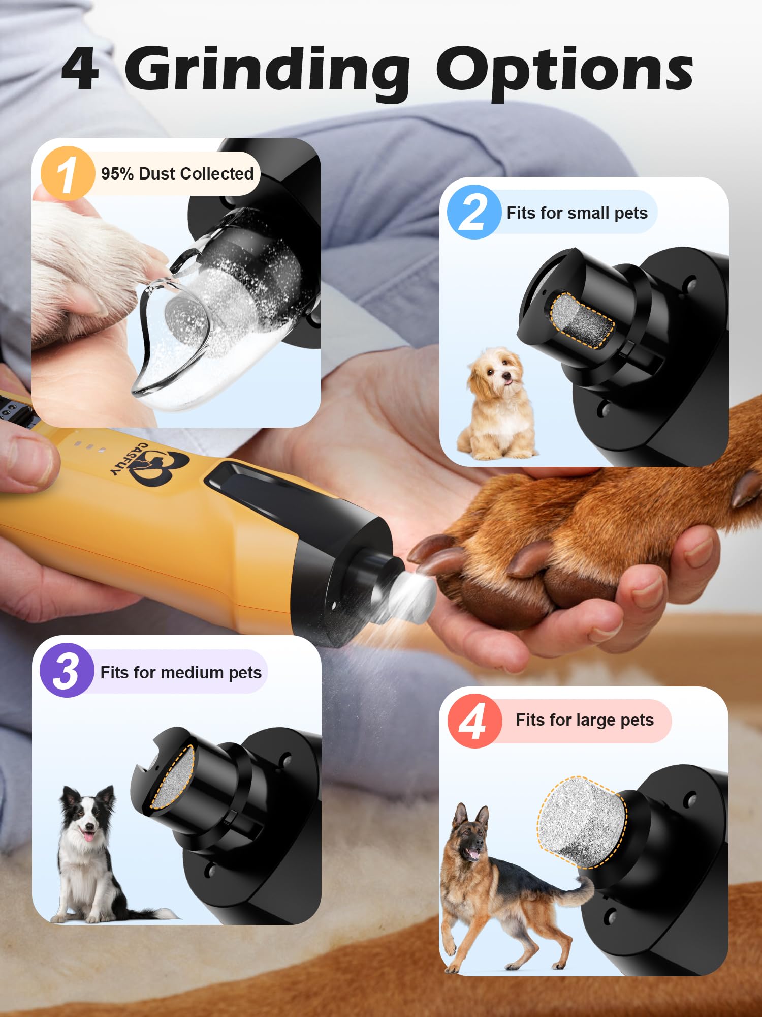 Casfuy Smerigliatrice per unghie per cani a 6 velocità – 50%+ Boost Power Dog Nail Trimmers Silenzioso con tappo antipolvere e 2 luci LED e batteria da 2000 mAh e motore elettrico da 4,8 V per cani di